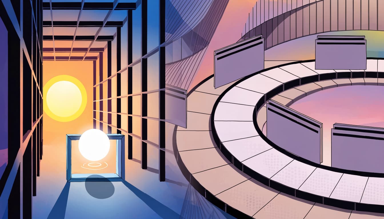 A glowing lead token heads toward a gate beside folders moving in a circular route.