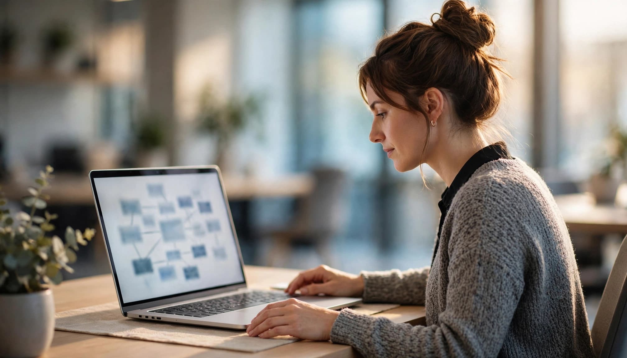 SEO specialist reviewing a product catalog diagram on a laptop at a clean desk.