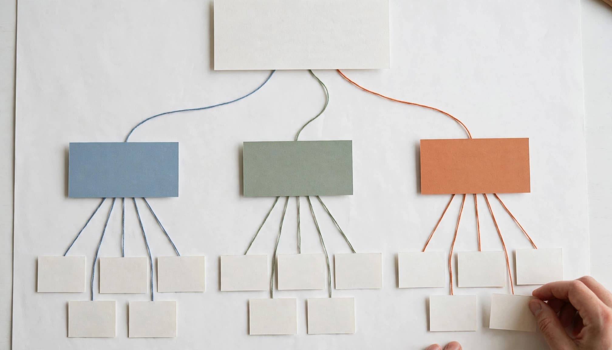 Hands arrange connected cards showing an ecommerce catalog hierarchy on a white desk.