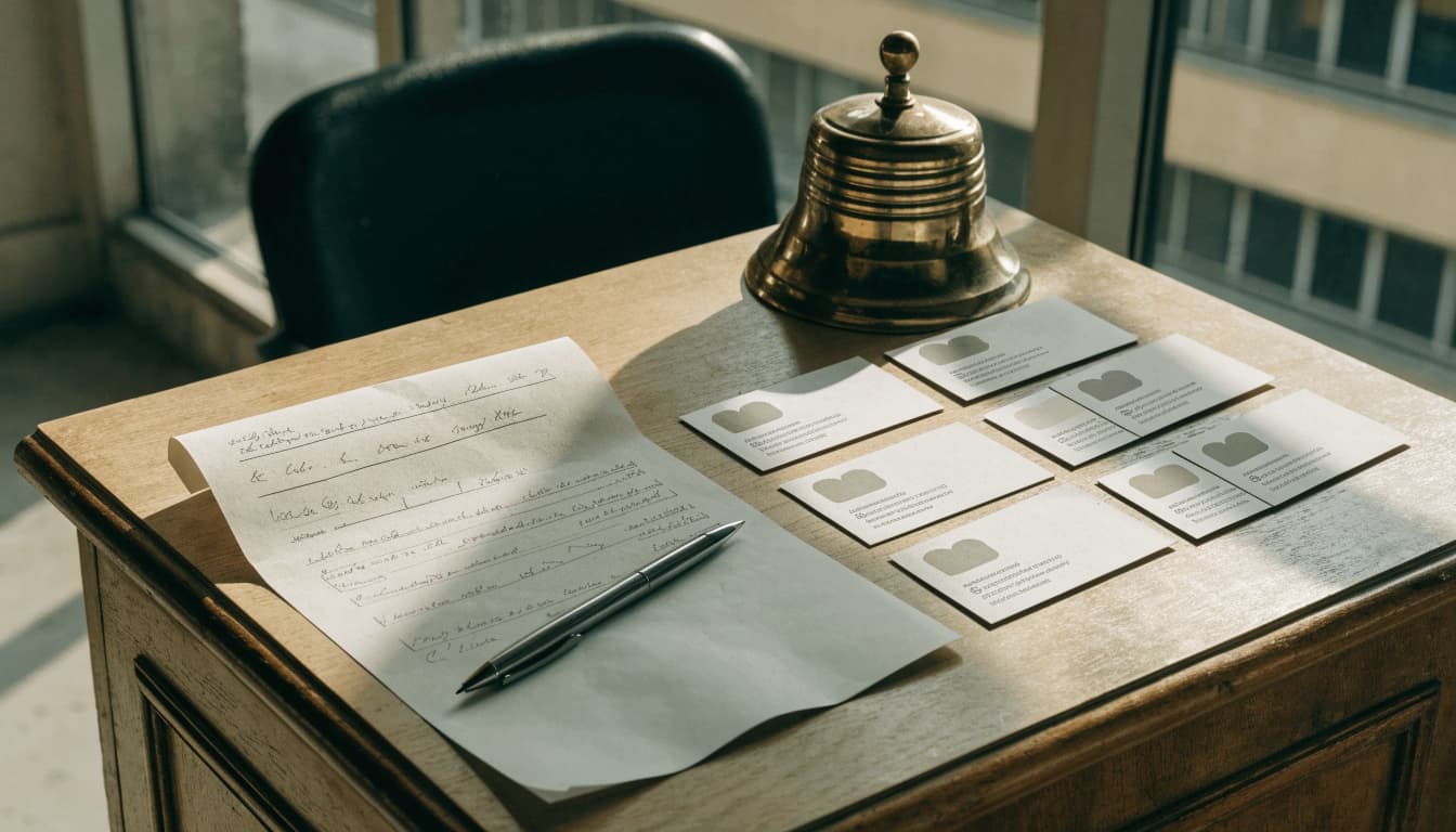 A blank enquiry form and business card beside a bell, pen, and orderly record cards.