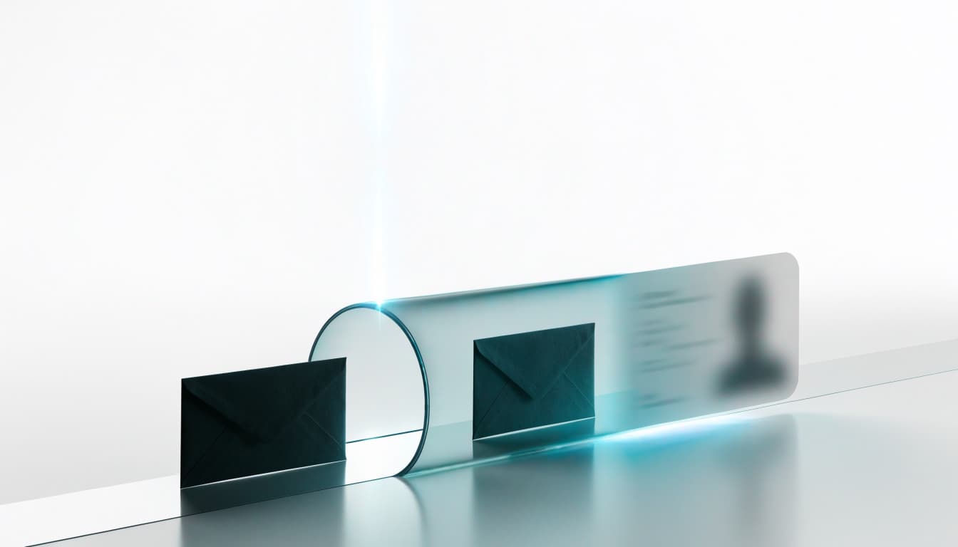 A sealed envelope passes through a glowing arch and emerges as a profile tile.