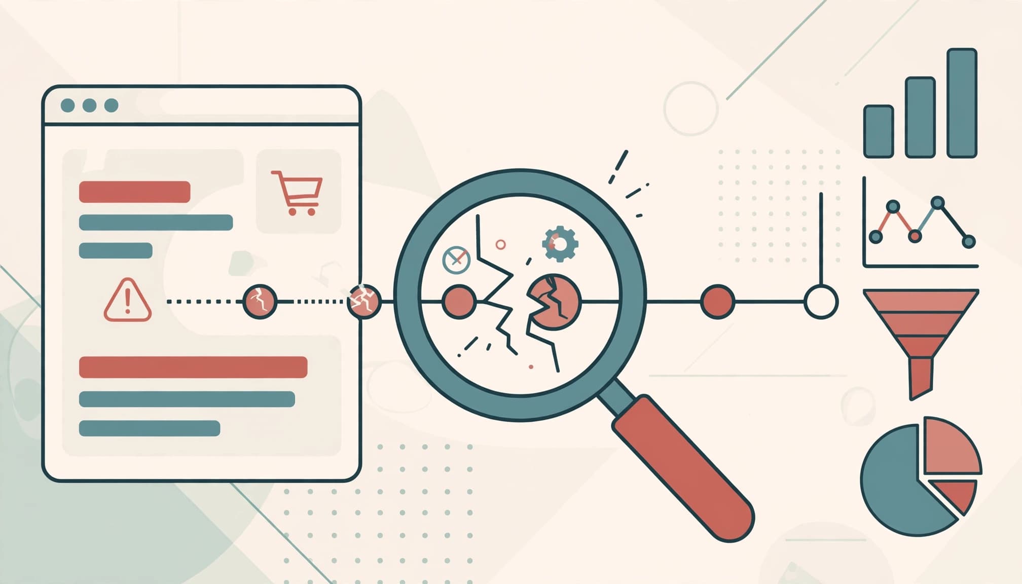 A magnifying glass highlights a break in an event path beside browser and analytics icons.