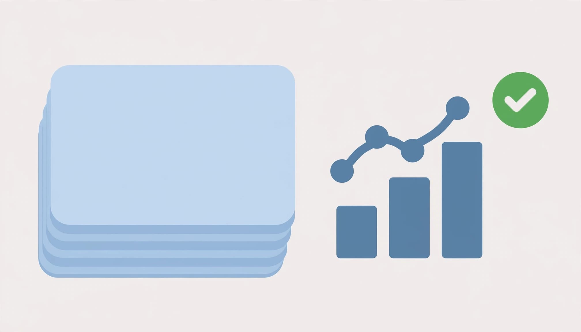 Blank question cards sit beside an analytics icon and green check mark.