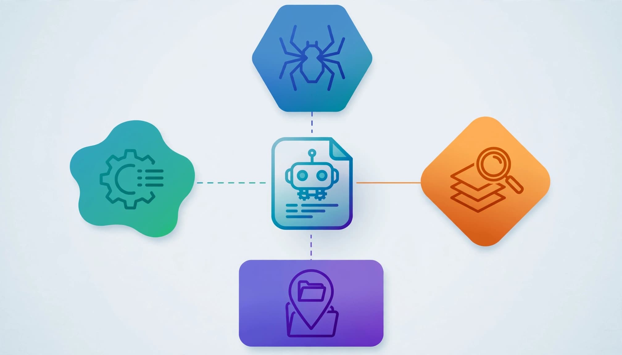 Four question cards surround a central robots.txt file icon with colorful technical symbols.