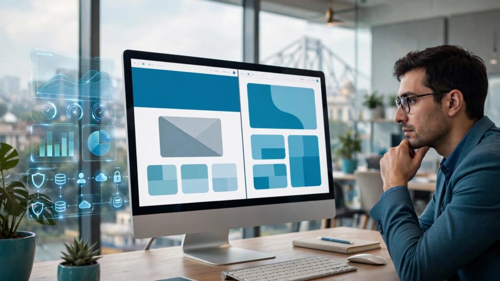 Analyst viewing two landing page designs beside analytics and CRM icons in a bright office.