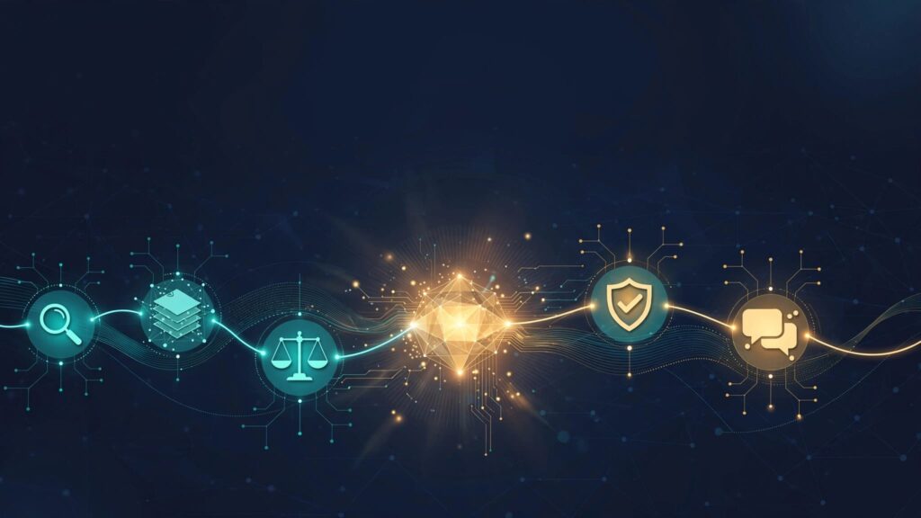 A glowing hub connects stages of a B2B buying journey.