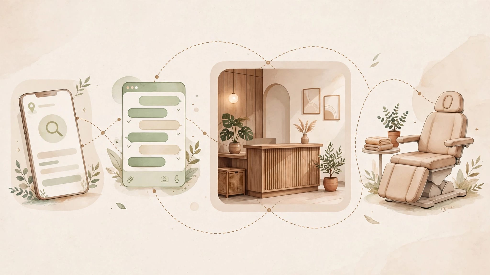 A connected path links a smartphone, chat screen, clinic reception, and consultation chair.