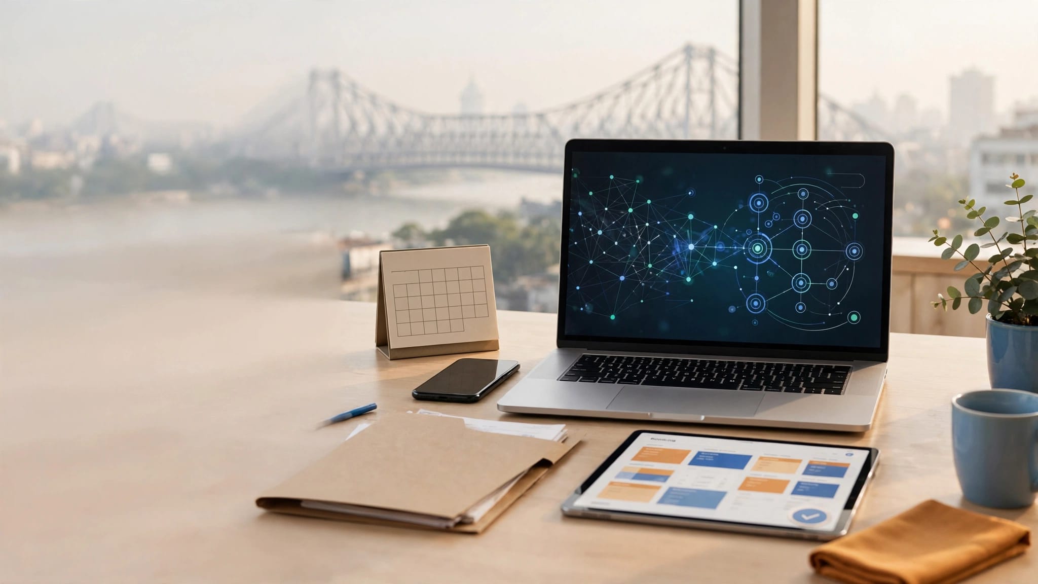 Laptop with customer data graphics beside business tools on a tidy desk.