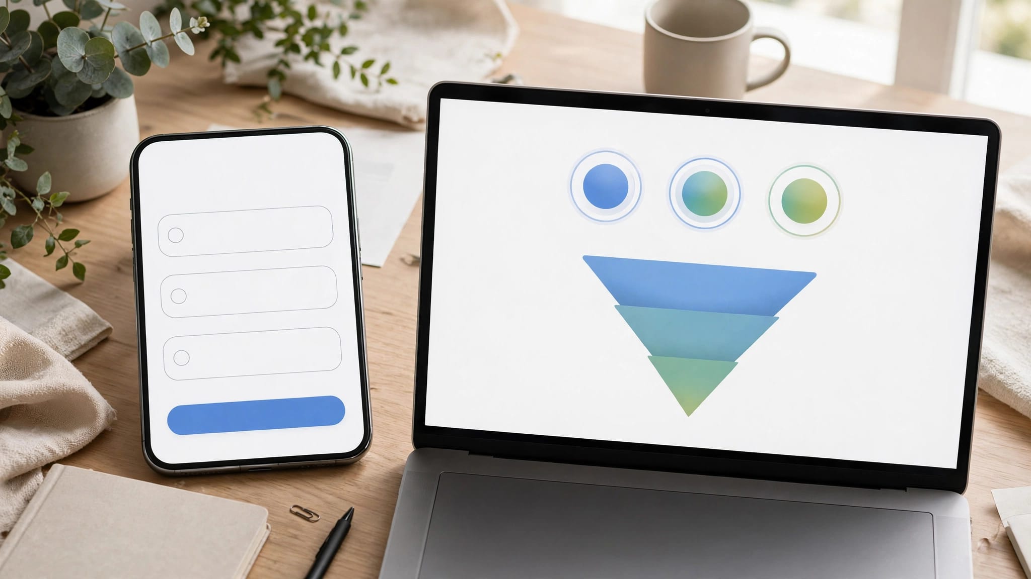 A smartphone lead form sits beside a laptop showing CRM insights.