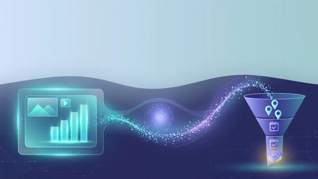 A glowing ad sends a view signal into a funnel toward meetings and sales.