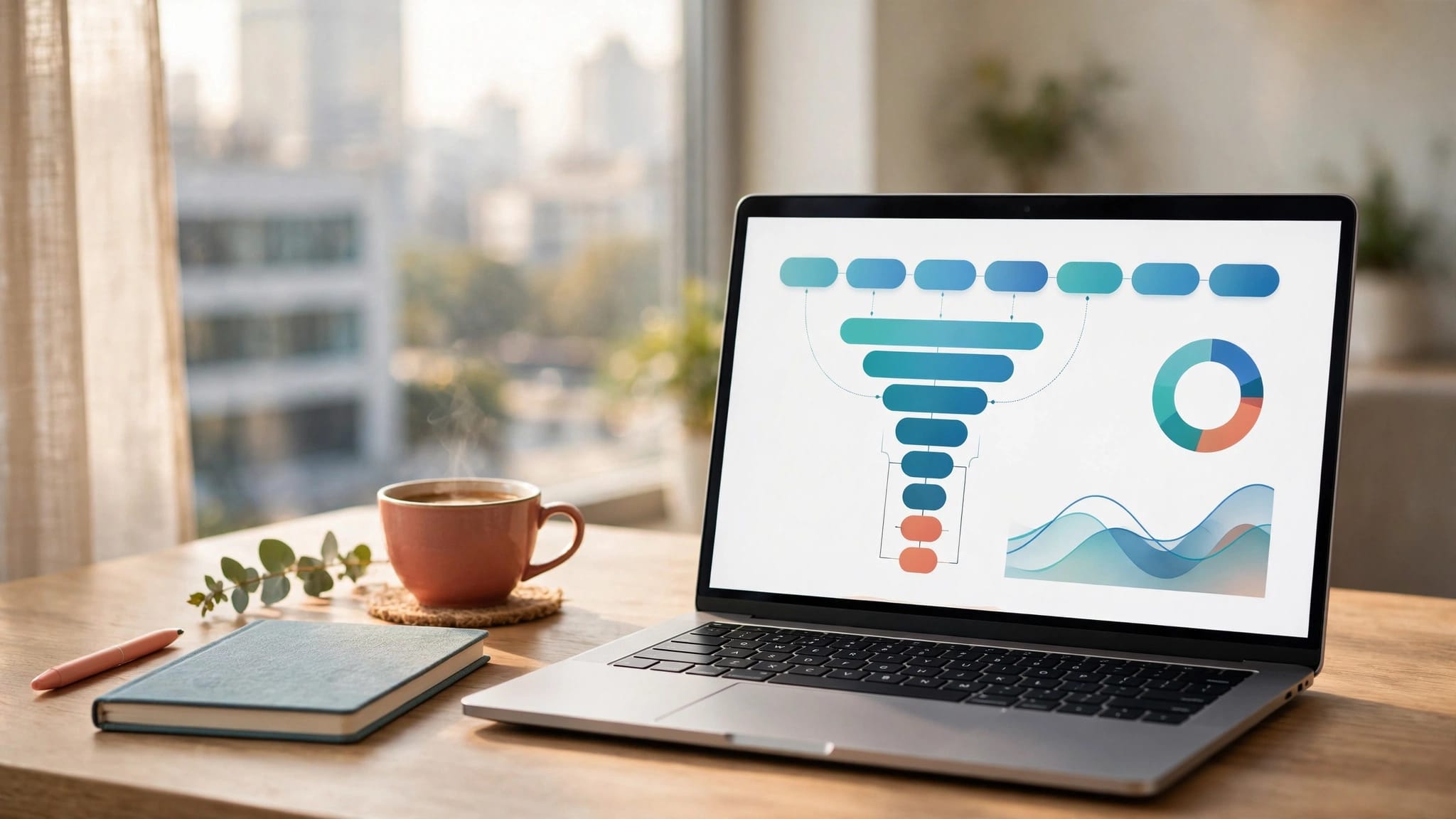 Laptop showing a colorful CRM funnel beside a notebook and coffee.