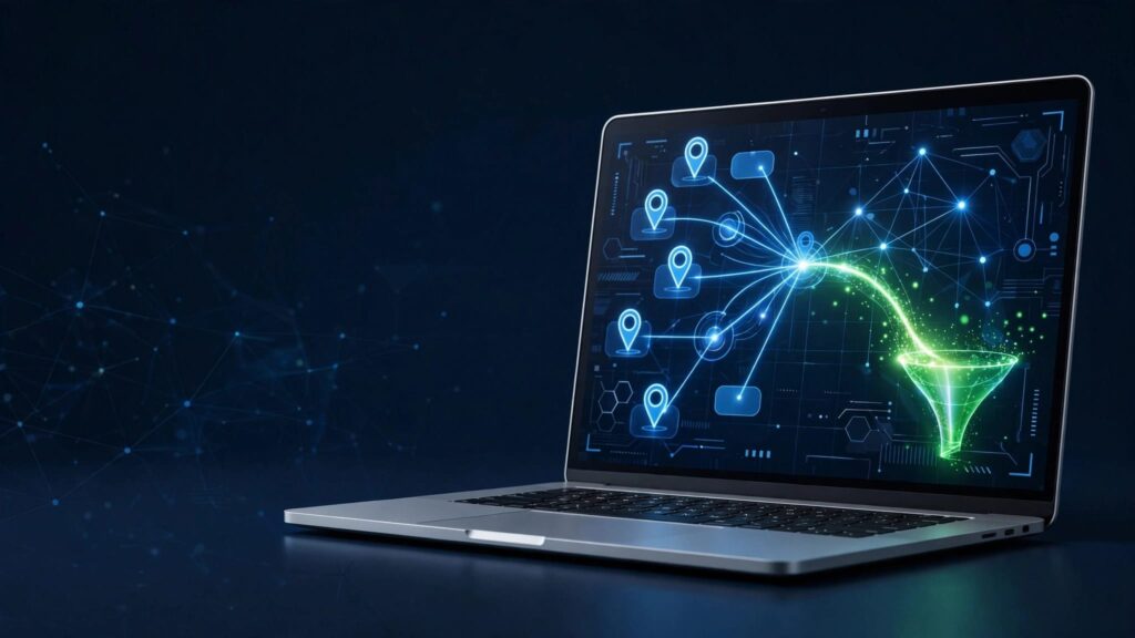 Laptop showing glowing website nodes, location pins, and a green conversion path.