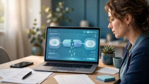 A business owner reviews a laptop pipeline as prospects slip away before booking.