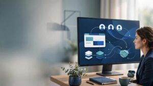 A strategist reviews a campaign dashboard linked to audience profiles, CRM records, and a handshake icon.