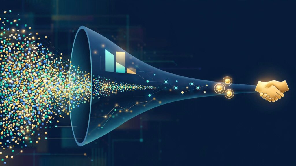 A colorful lead funnel narrows toward glowing customers and a gold handshake.