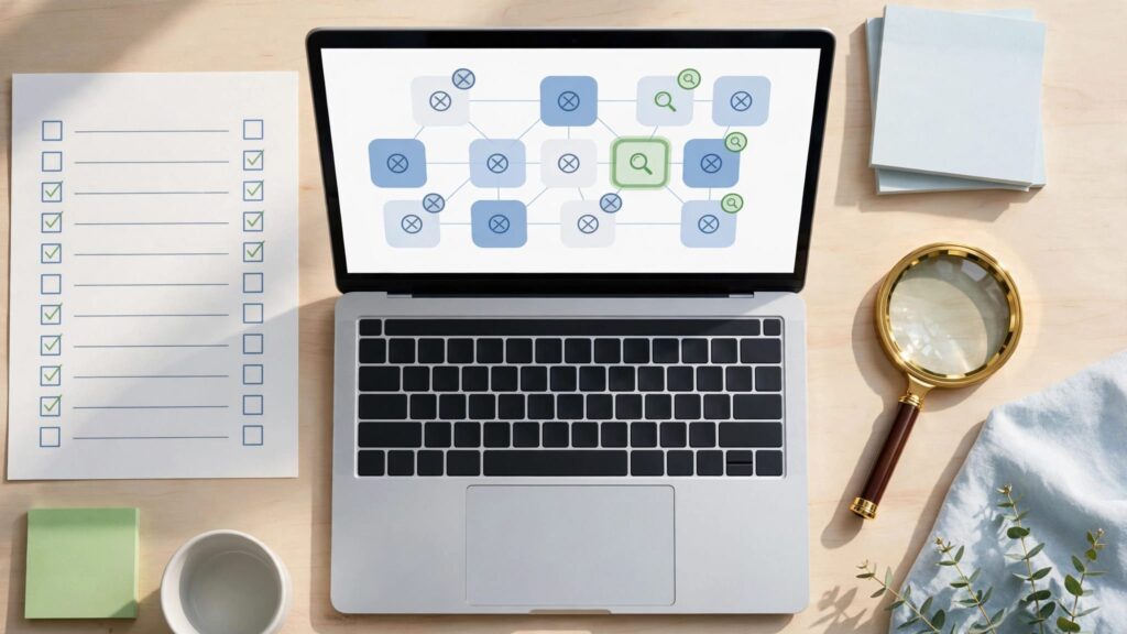 A laptop showing website pages beside a magnifying glass and checklist.