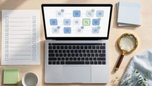 A laptop showing website pages beside a magnifying glass and checklist.