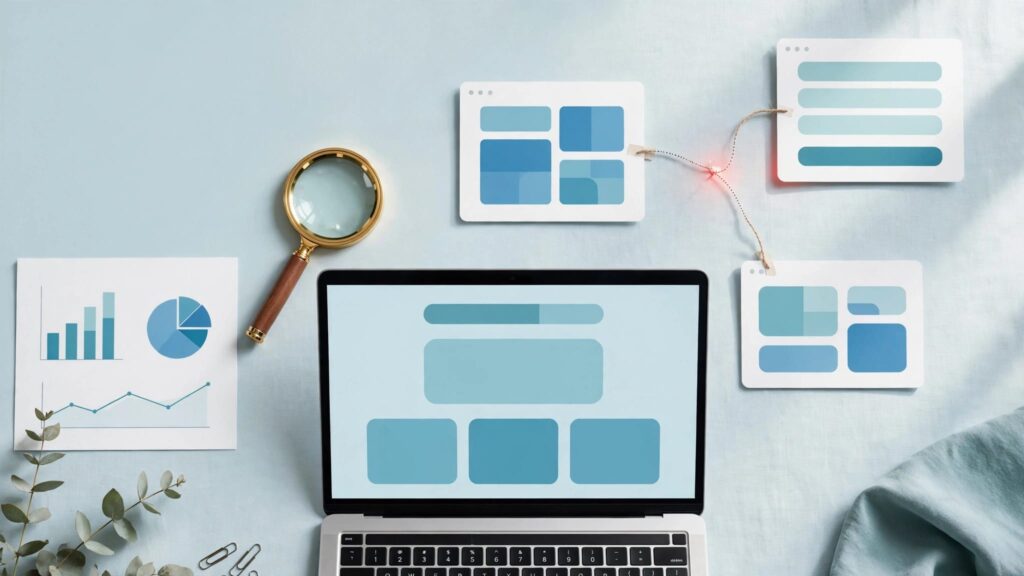 Connected browser windows lead to a contact form, with one broken link highlighted beside a laptop.