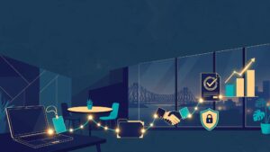 Glowing nodes connect business touchpoints from a laptop to a contract and payment symbol.