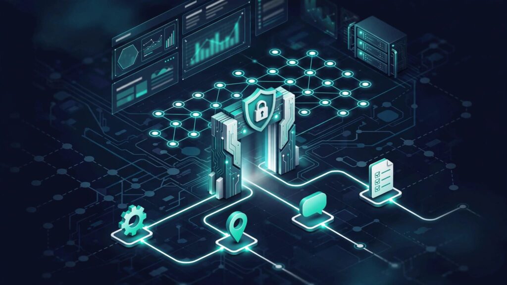 A glowing site map connects webpage nodes through a secure gateway.