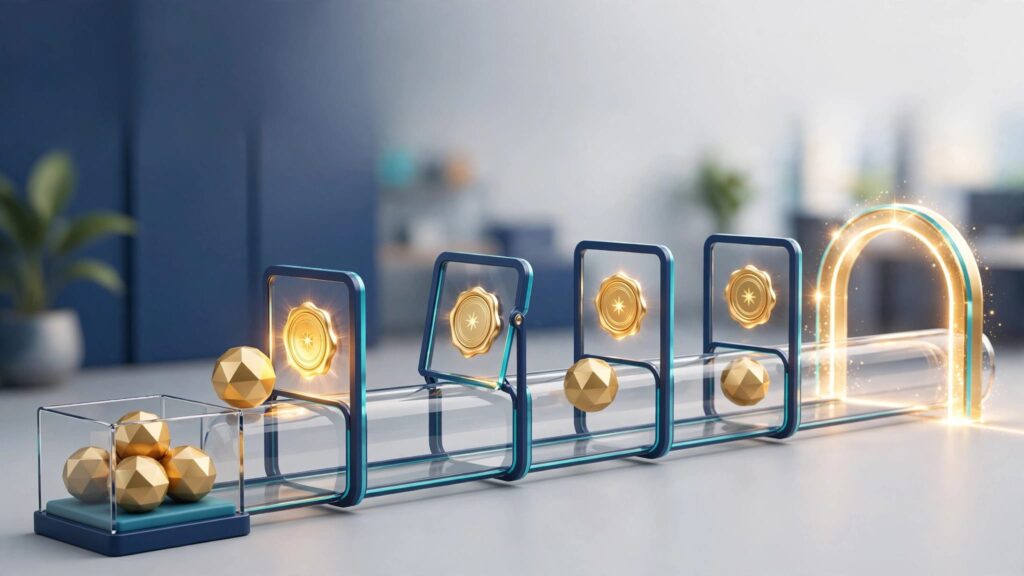 Glass sales pipeline with glowing gates, verified spheres, and stalled deals waiting to the side.