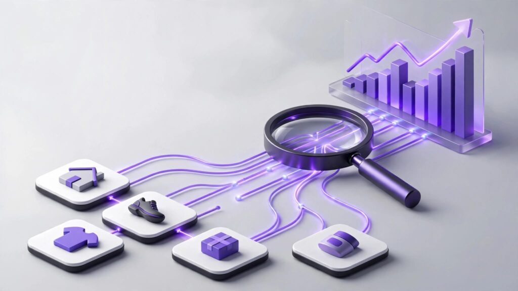 Purple ecommerce tiles connect to a magnifying glass and rising analytics chart.