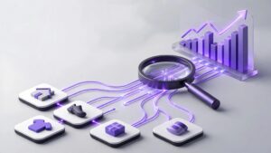 Purple ecommerce tiles connect to a magnifying glass and rising analytics chart.