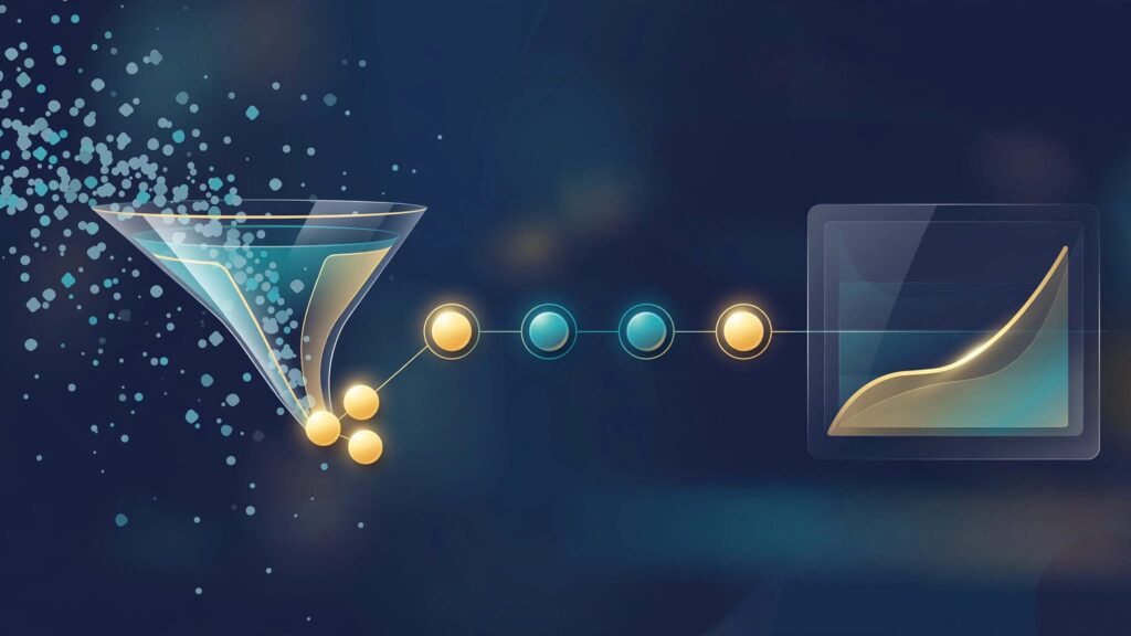 A digital dashboard shows scattered enquiries narrowing into qualified leads beside a rising gold graph.