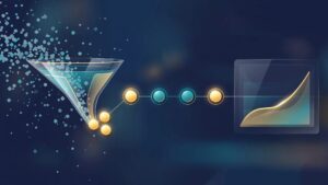 A digital dashboard shows scattered enquiries narrowing into qualified leads beside a rising gold graph.
