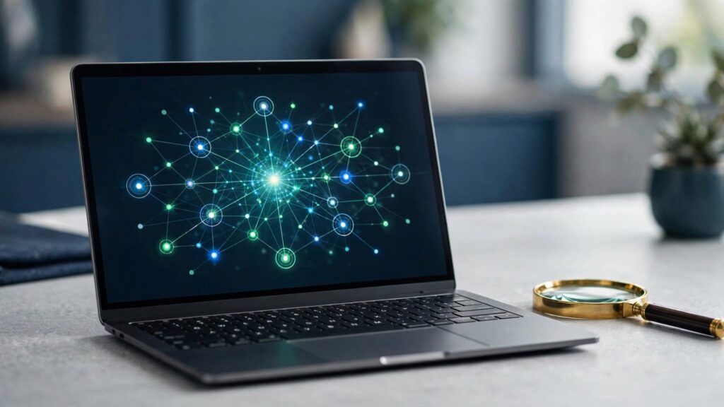 Laptop showing a connected website map beside a magnifying glass.