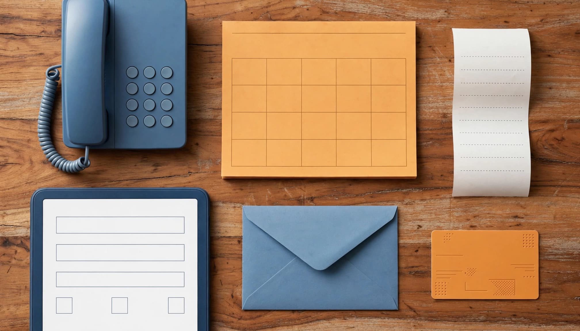 Six customer data sources arranged on a wooden counter, including a phone, calendar, receipt, form, envelope, and loyalty card.