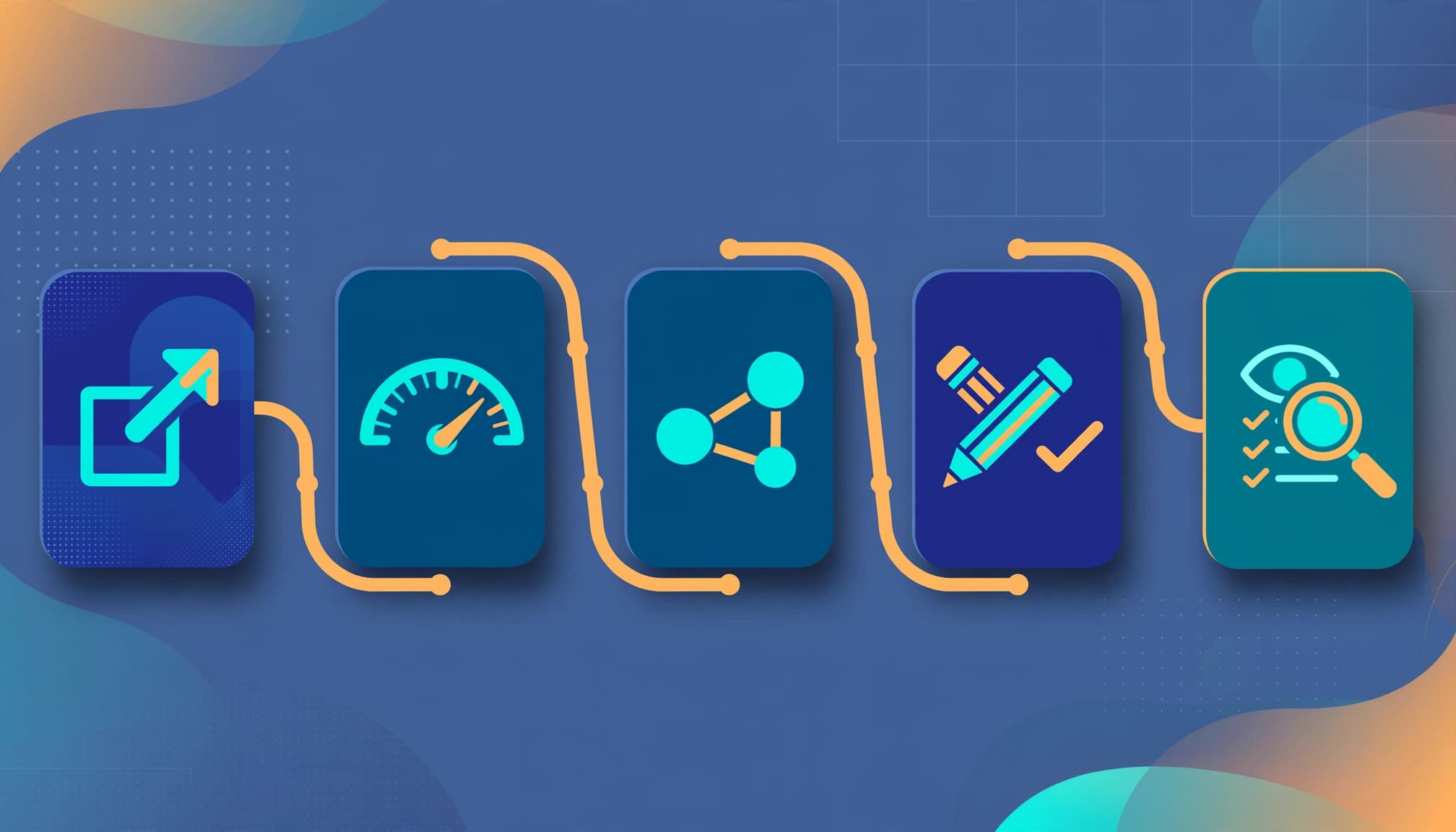 Five connected CRM audit stages arranged from export to review on a modern process board.