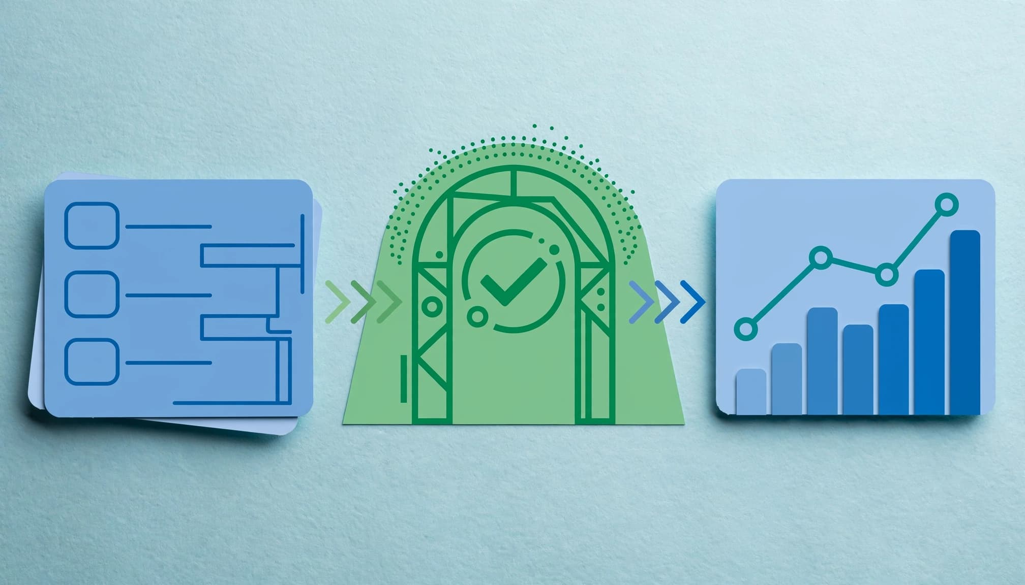 A paper form passes through a green checkpoint toward an analytics chart.