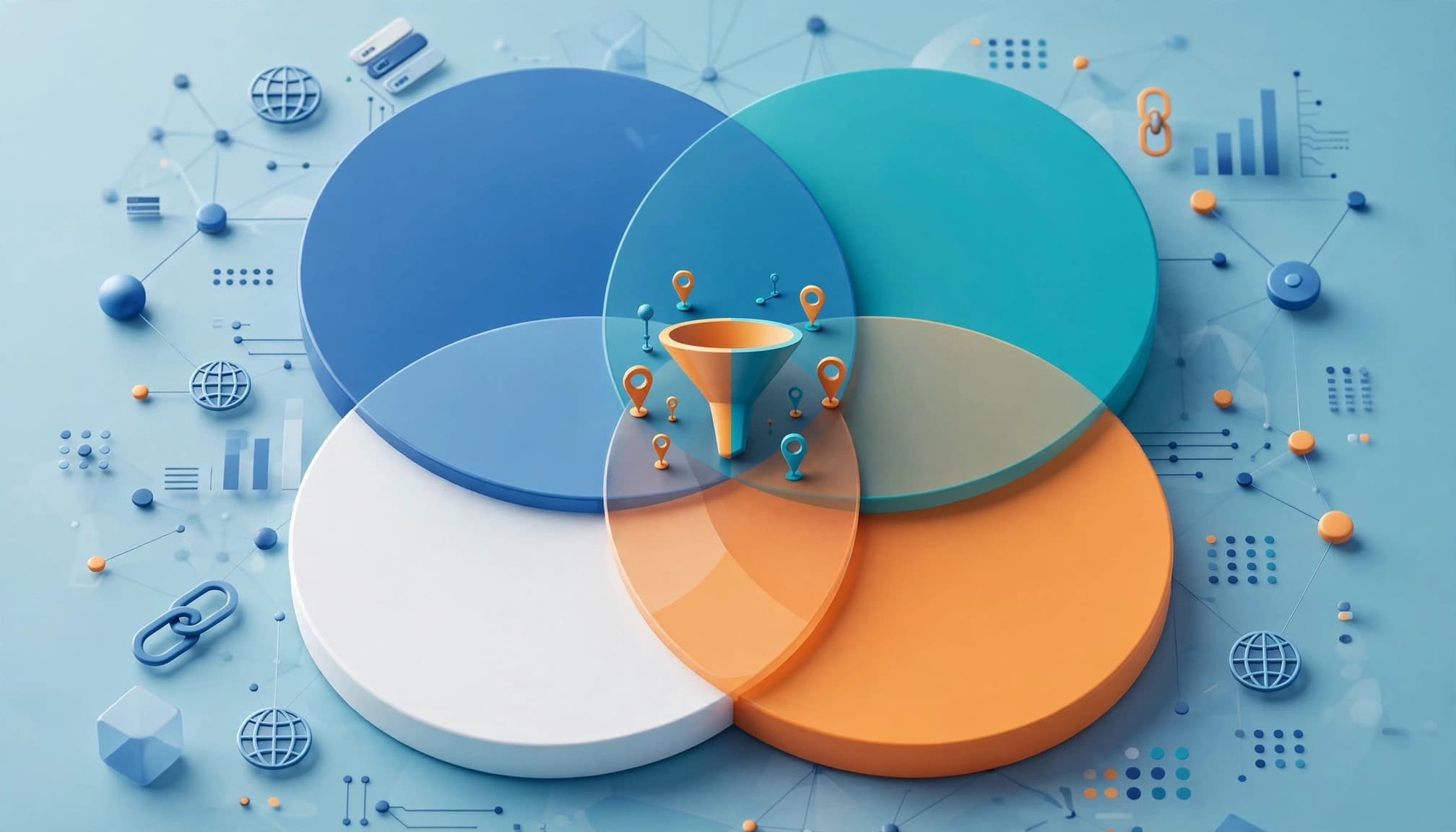 Four overlapping circles show website URL relationships with a funnel and lead markers at the center.