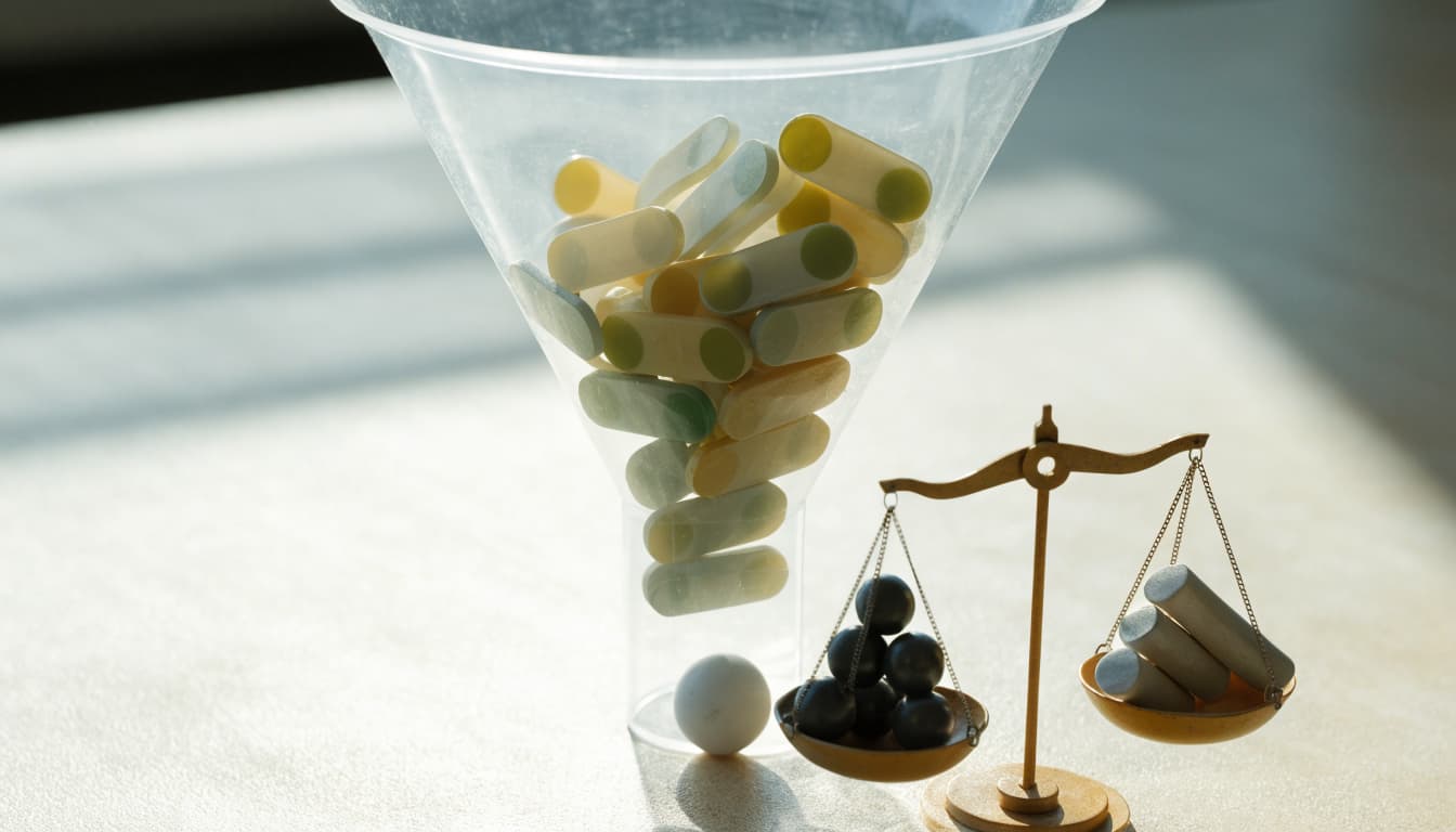 A clear funnel and colored tokens sit beside a small balance scale.