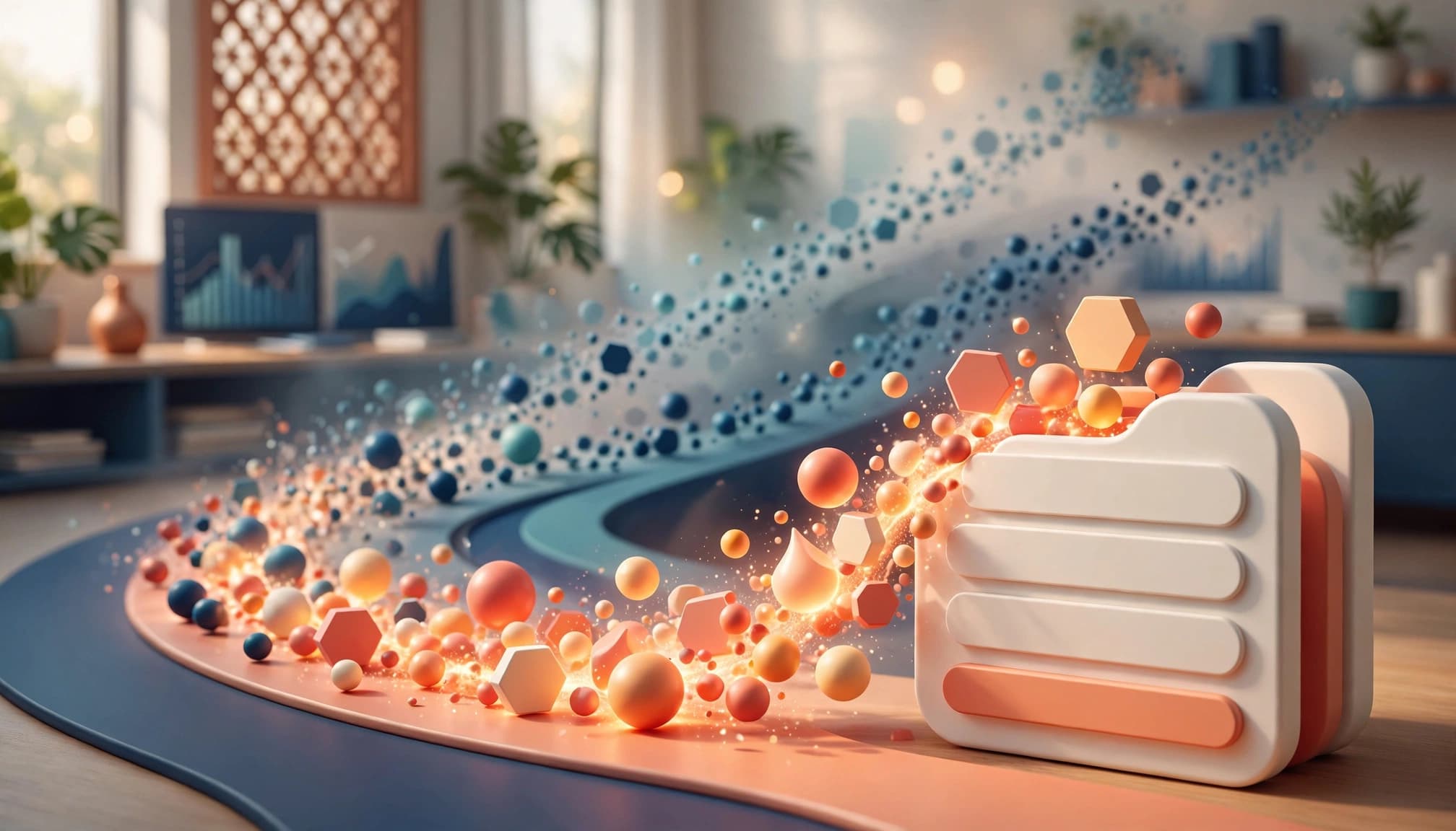 Abstract tokens follow a bright path toward a lead form as faint routes fade behind it.