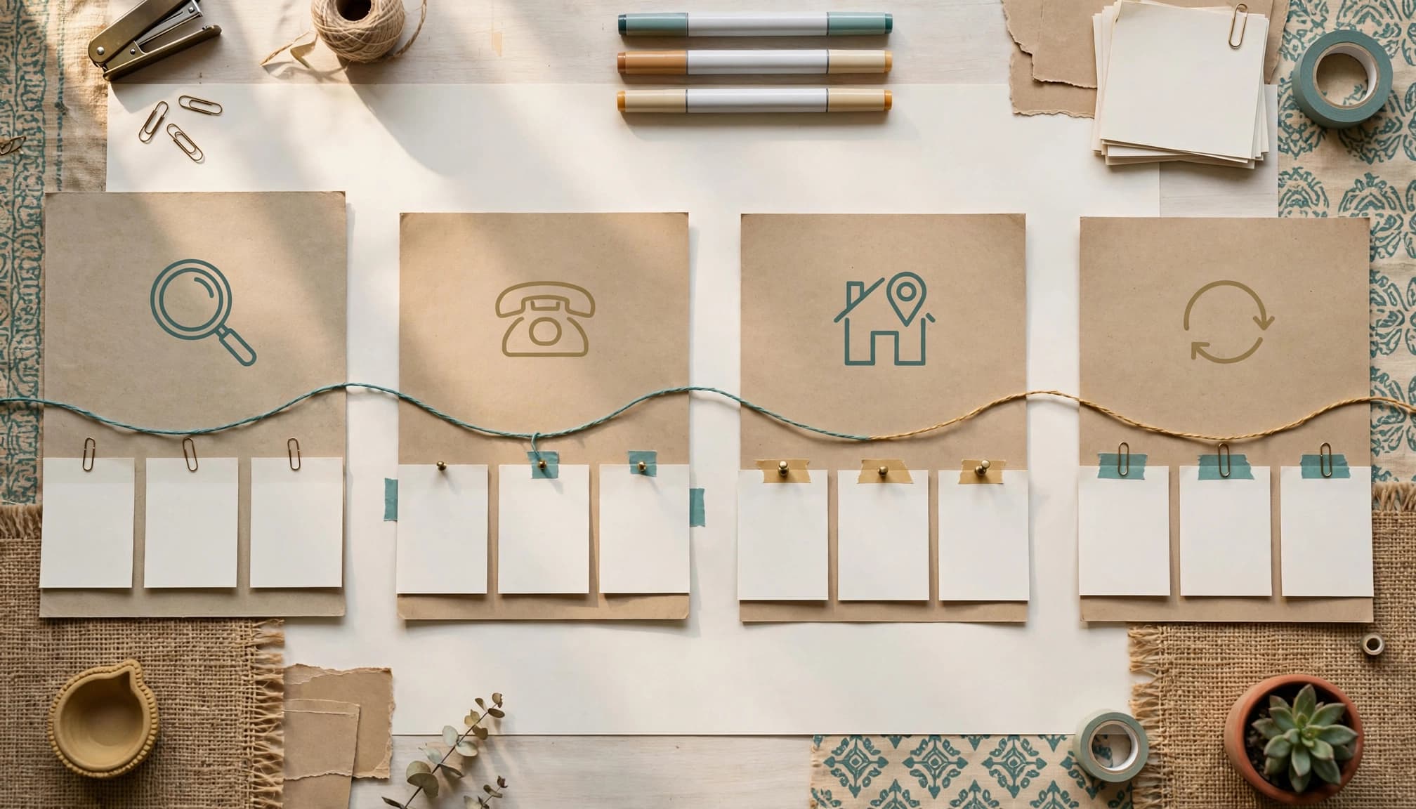 A paper journey map links blank cards with search, phone, visit, and follow-up icons.