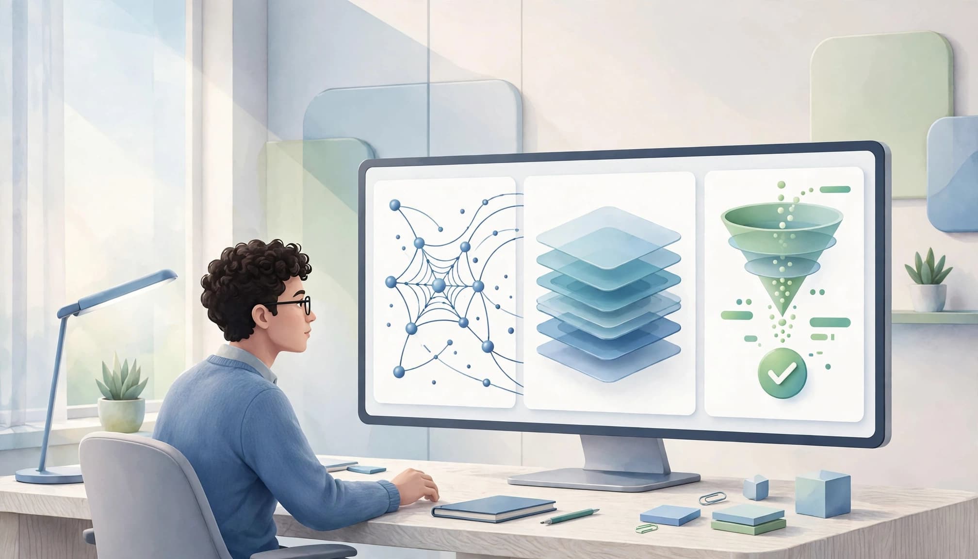 SEO specialist reviewing crawl, rendering, and conversion visuals on a monitor.