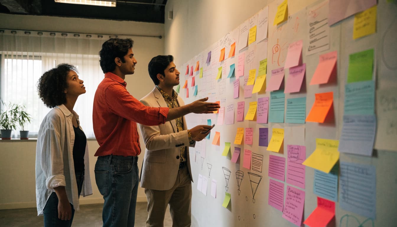 Three coworkers review charts and sticky notes on a meeting room wall.
