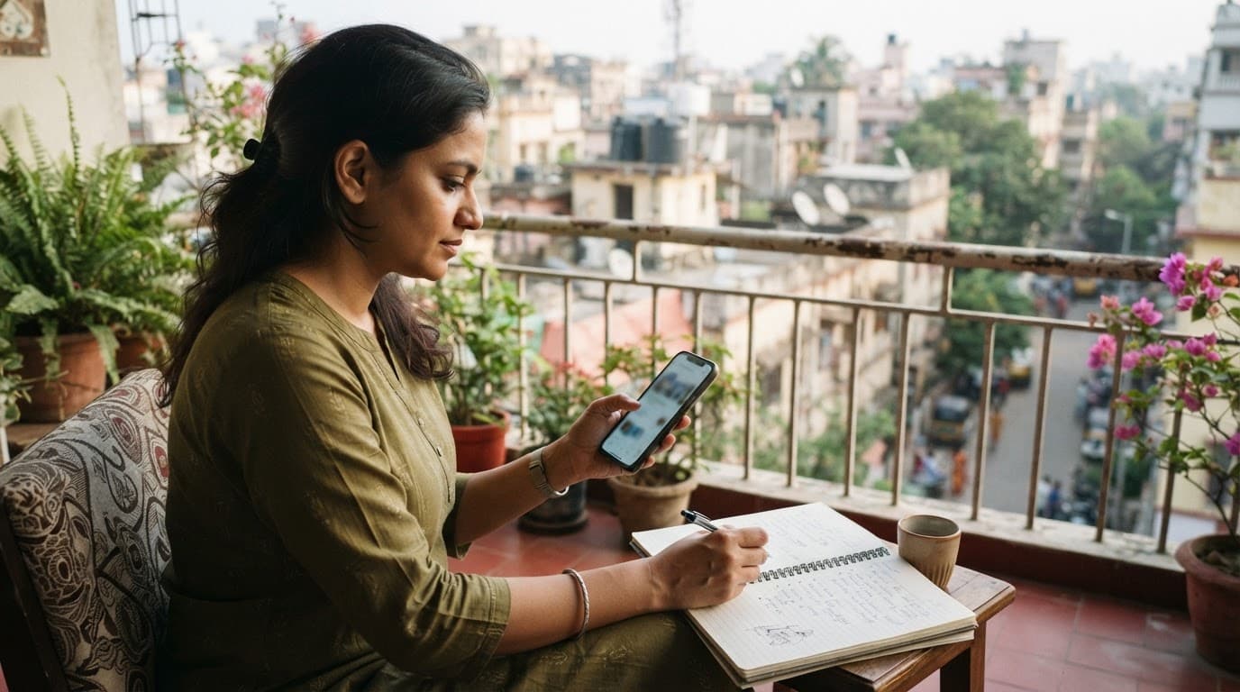 An adult checks a phone beside a notebook on a Kolkata balcony.