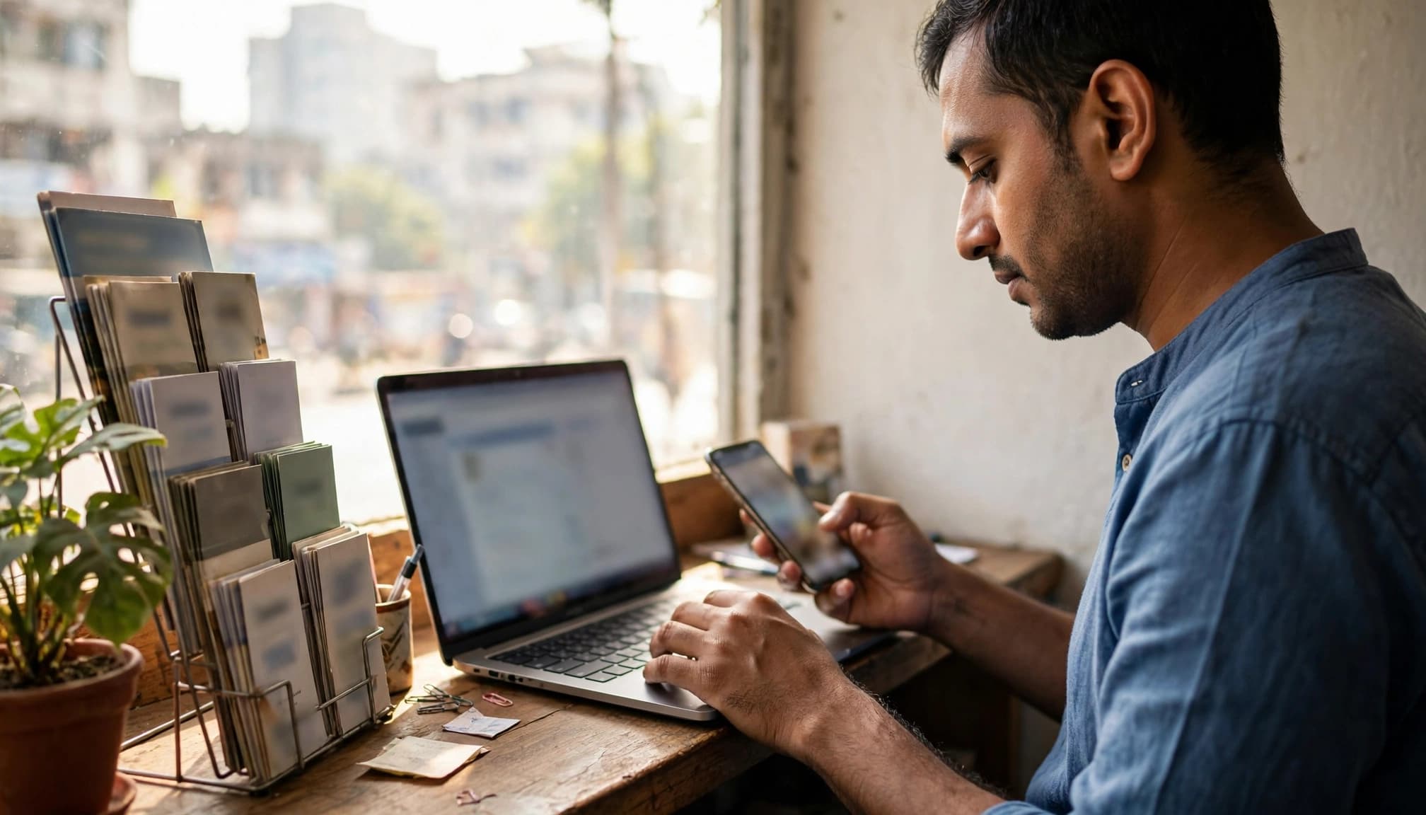 A business owner checks a phone and laptop at a bright reception counter.