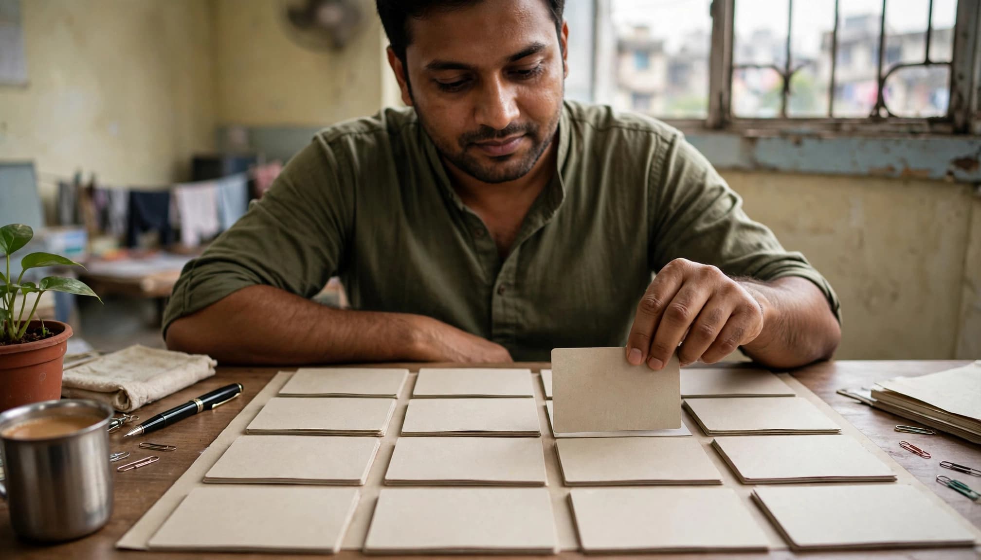 A business owner selects one card from a neat set in a sunlit office.