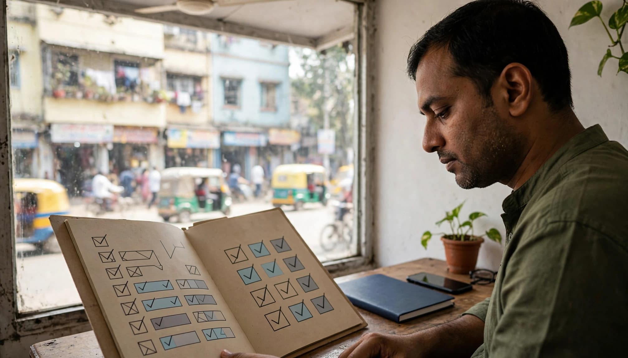A business owner reviews a folder, notebook, and phone in a bright office.