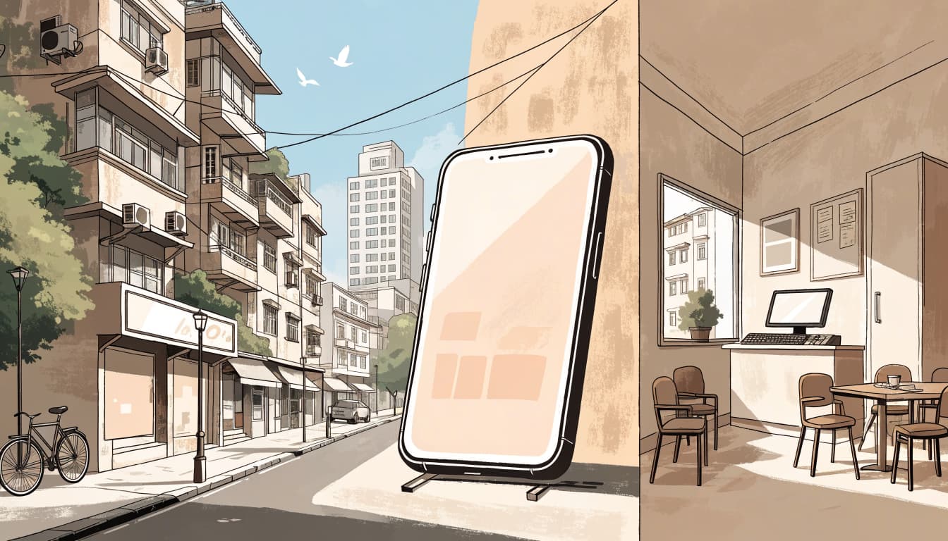 A clinic storefront, blank-screen phone, and appointment room shown in sequence.