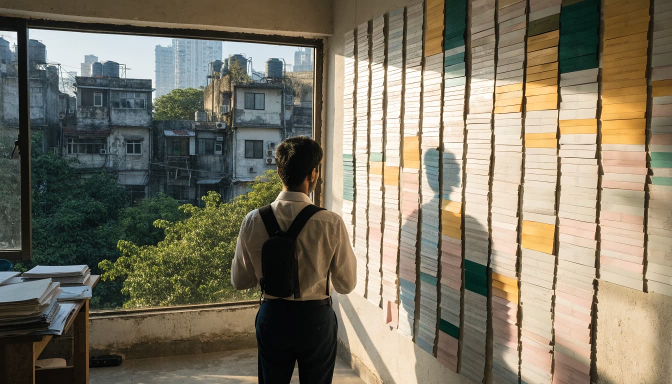 A business owner reviews blank colored cards in a bright Kolkata office.