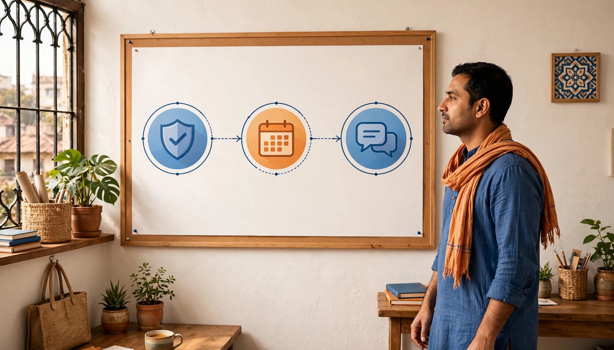 Business owner reviewing connected customer touchpoints on an office wall board.