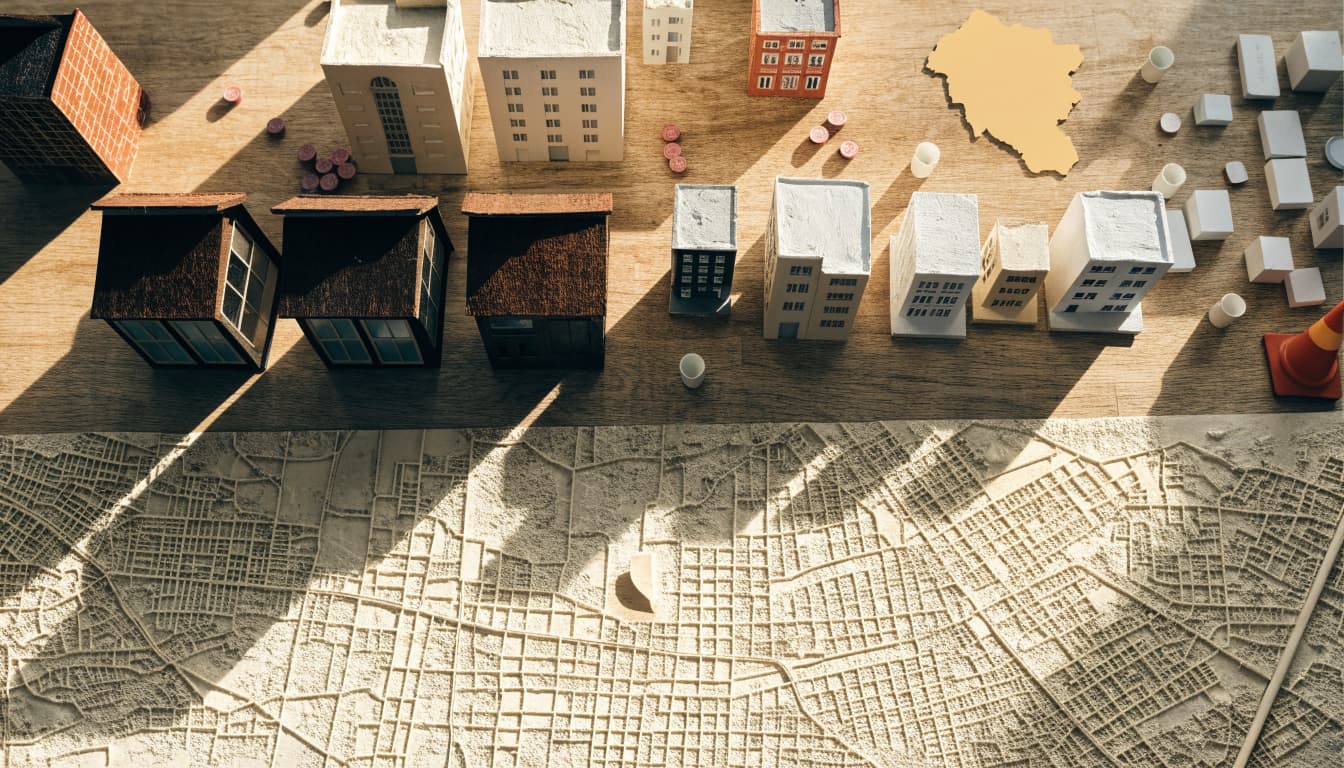 Miniature shops and offices arranged on a paper map with industry symbols.