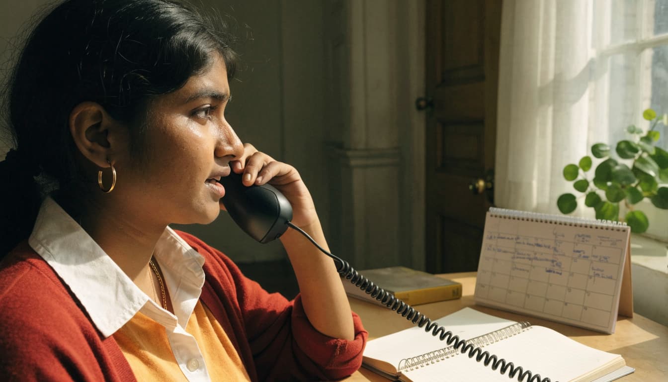 A customer on the phone beside a calendar and notebook in a bright home office.