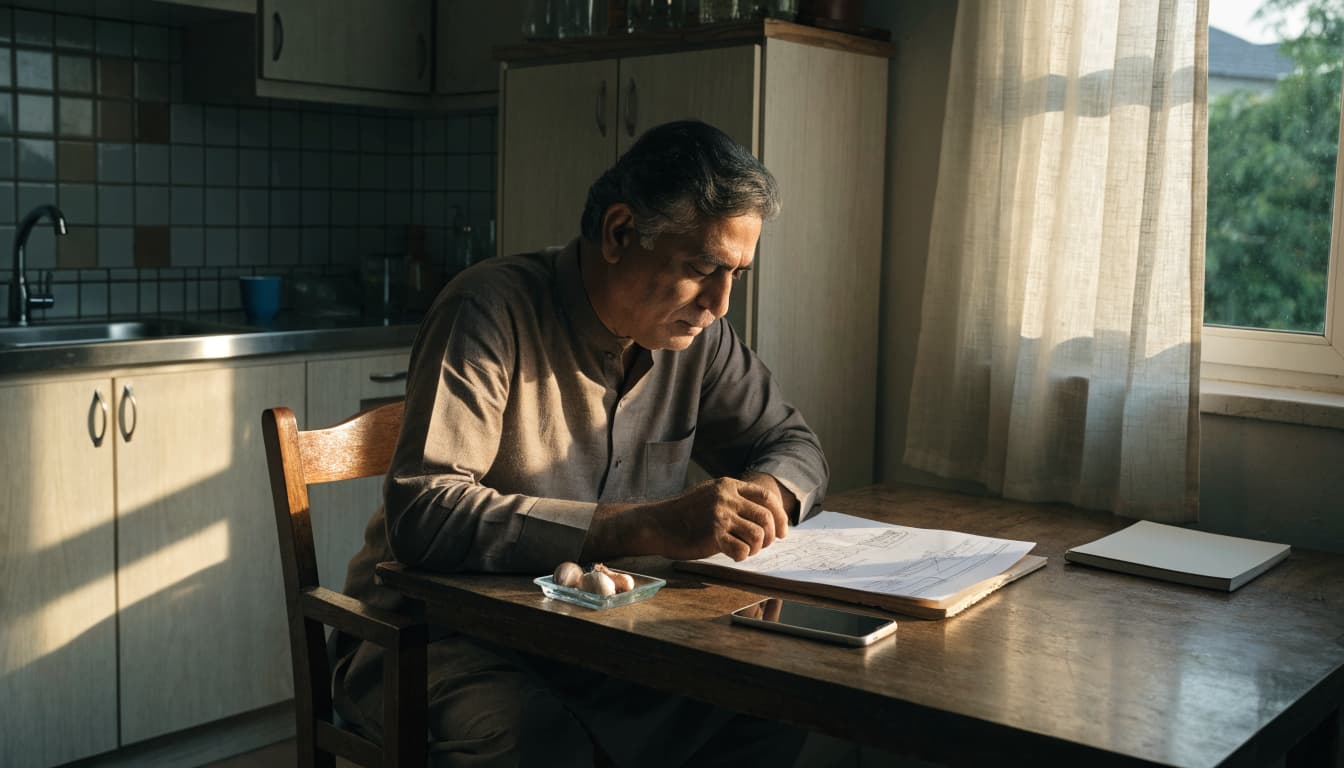 A homeowner reviews a plumbing estimate at a kitchen table with a phone and notepad nearby.