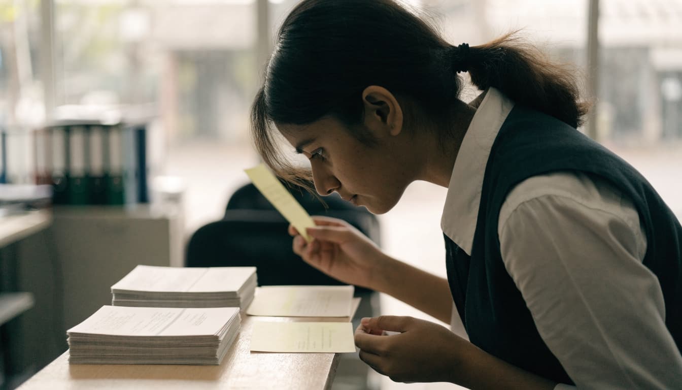 A business owner reviews blank cards, with one set apart from the others.